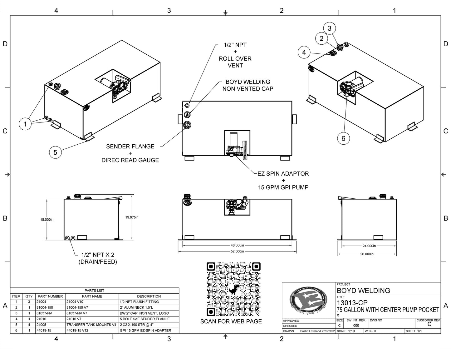 75 Gallon 48x24x18 Aluminum Tank W GPI 15GPM Pump Included