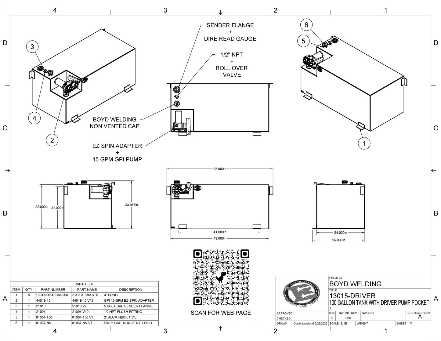 100 Gallon 49 x 24 x 22 Tank W GPI 15GPM Pump Included