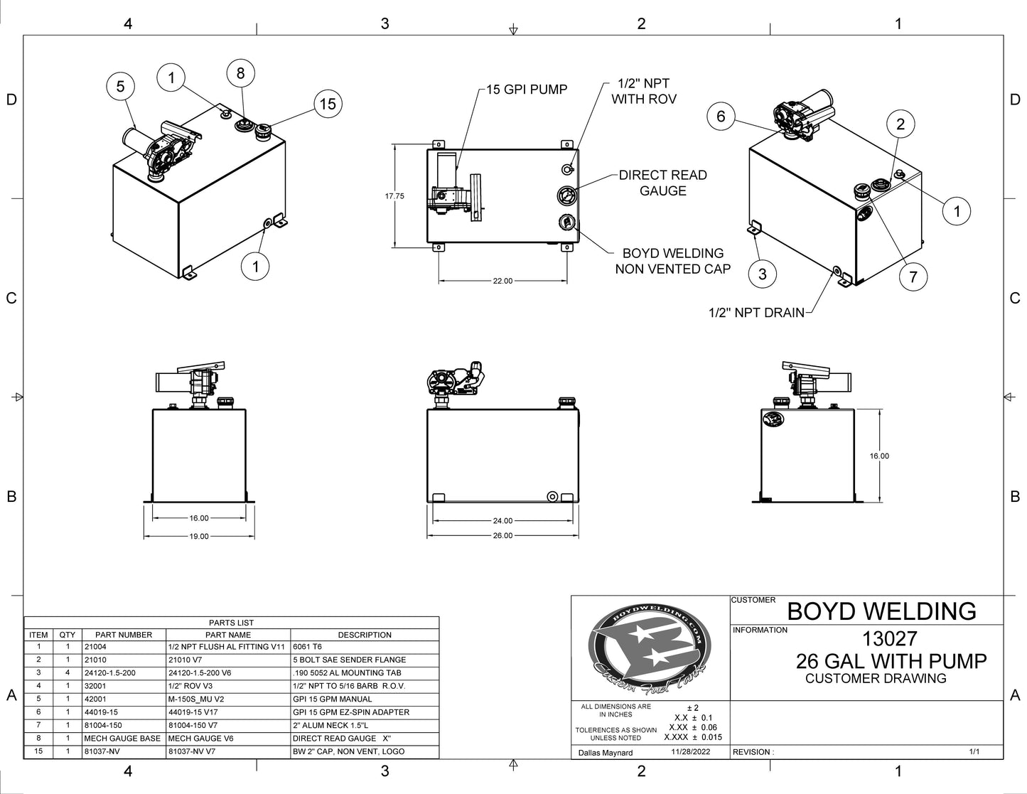 26 Gallon 26 x 16 x 16 Aluminum Tank With GPI 15GPM Pump Included