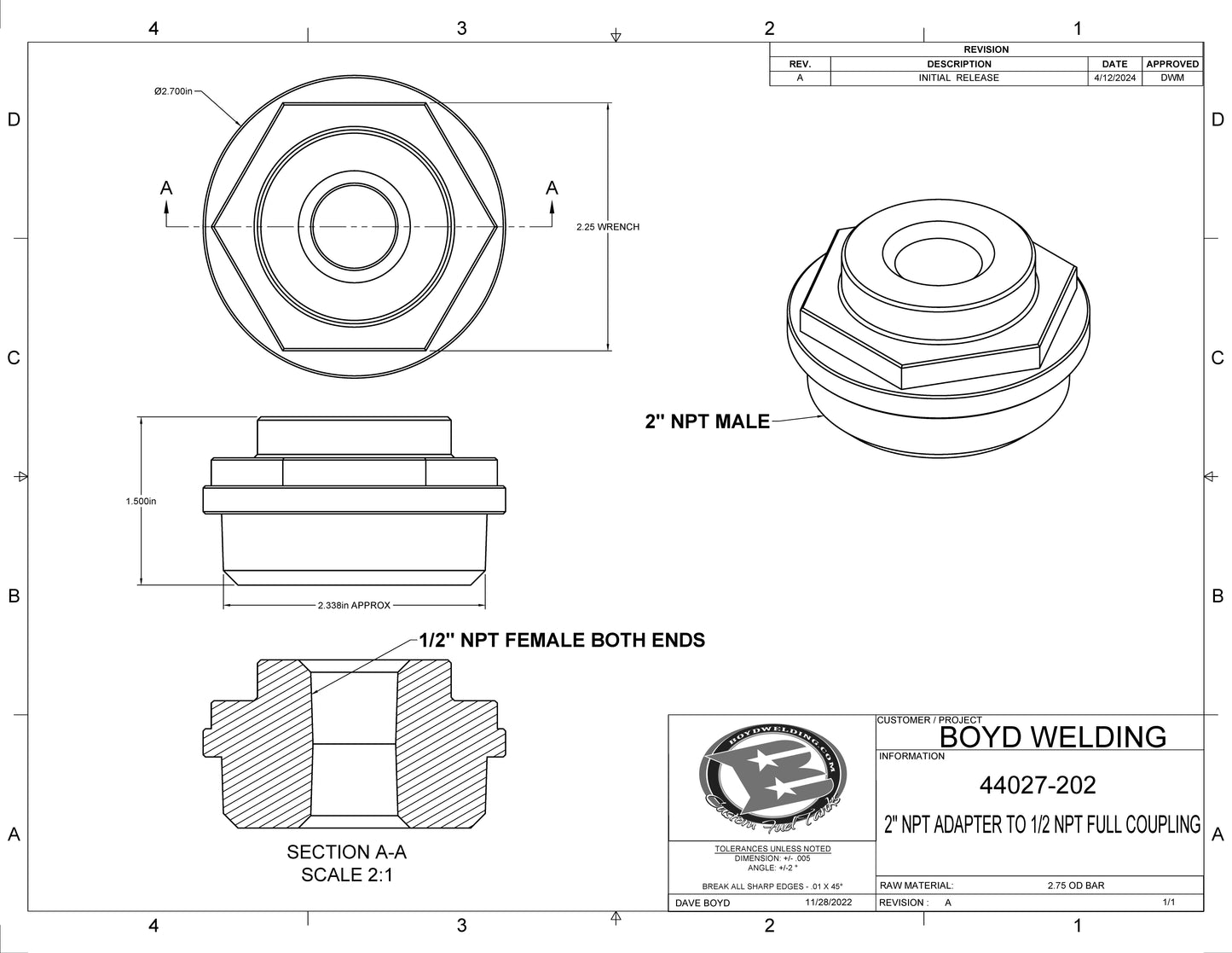 2" NPT Male to Female NPT Full Coupling