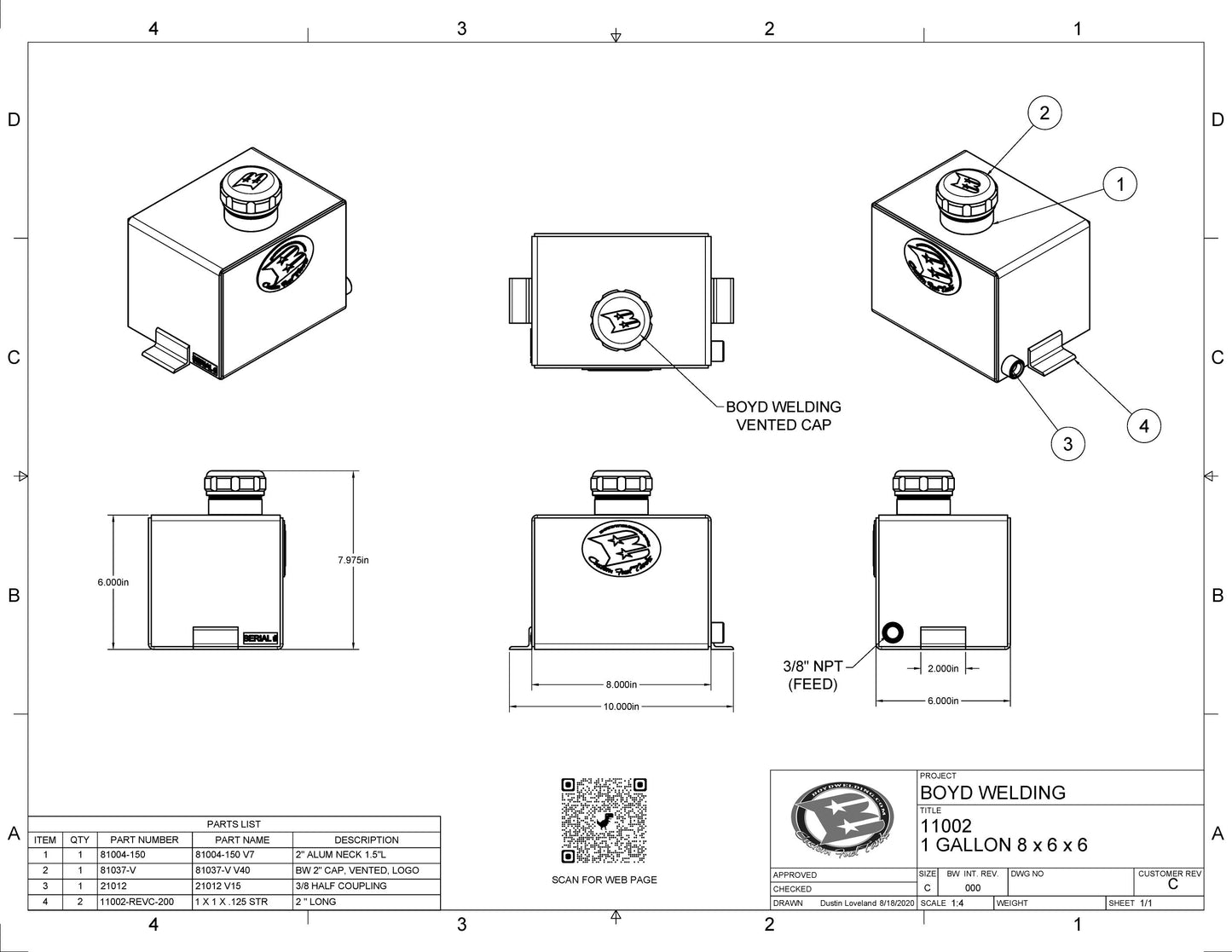 1 Gal 8x6x6 Aluminum Tank