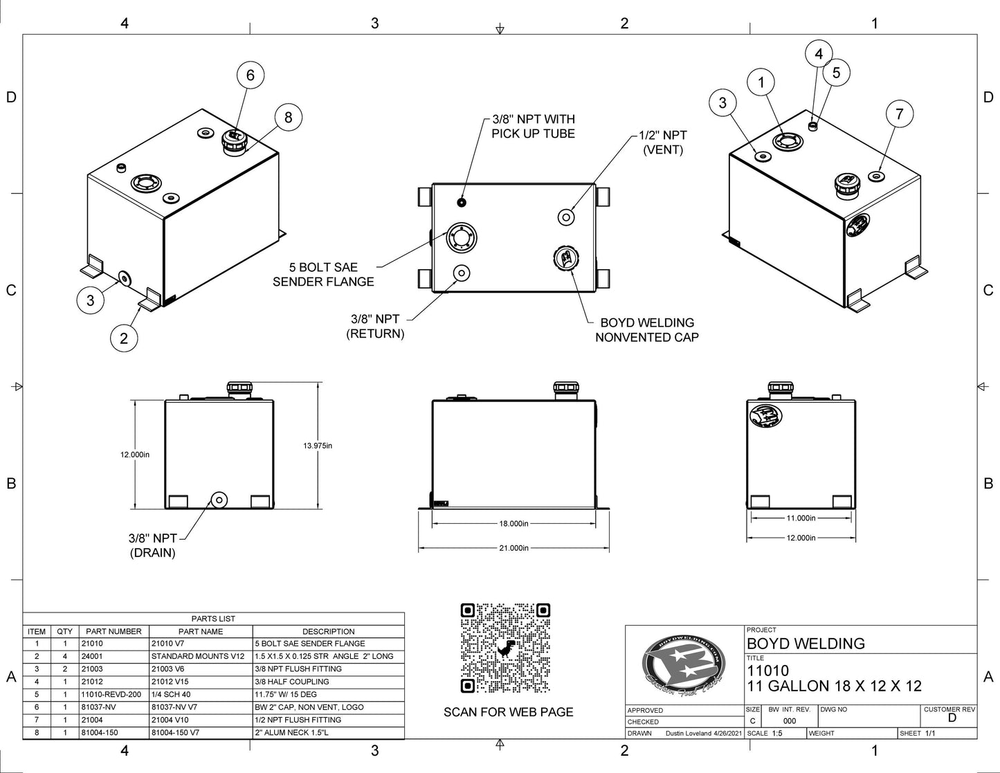 11 Gallon 18x12x12 Aluminum Tank