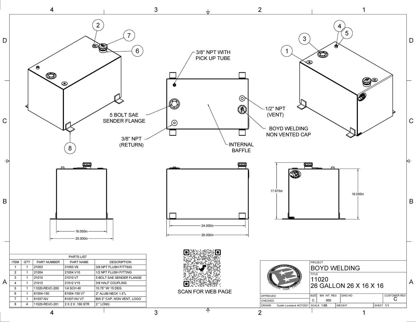 26 Gallon 26x16x16 Aluminum Tank