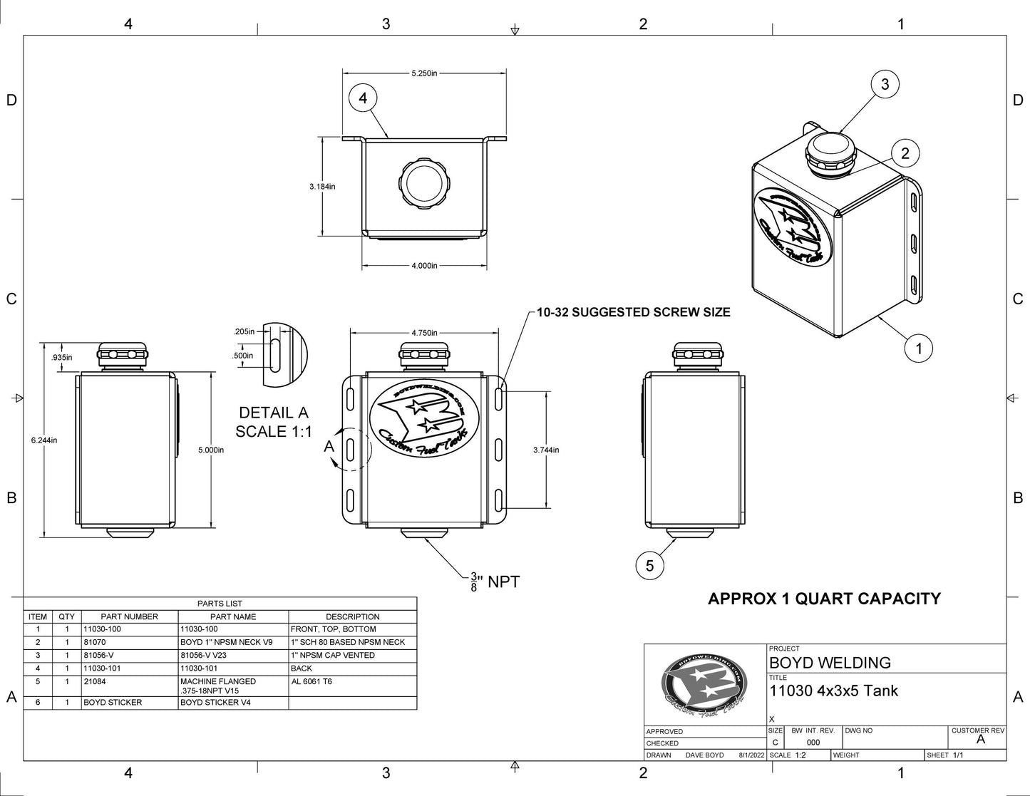 1 Quart 4x3x5 Aluminum Tank