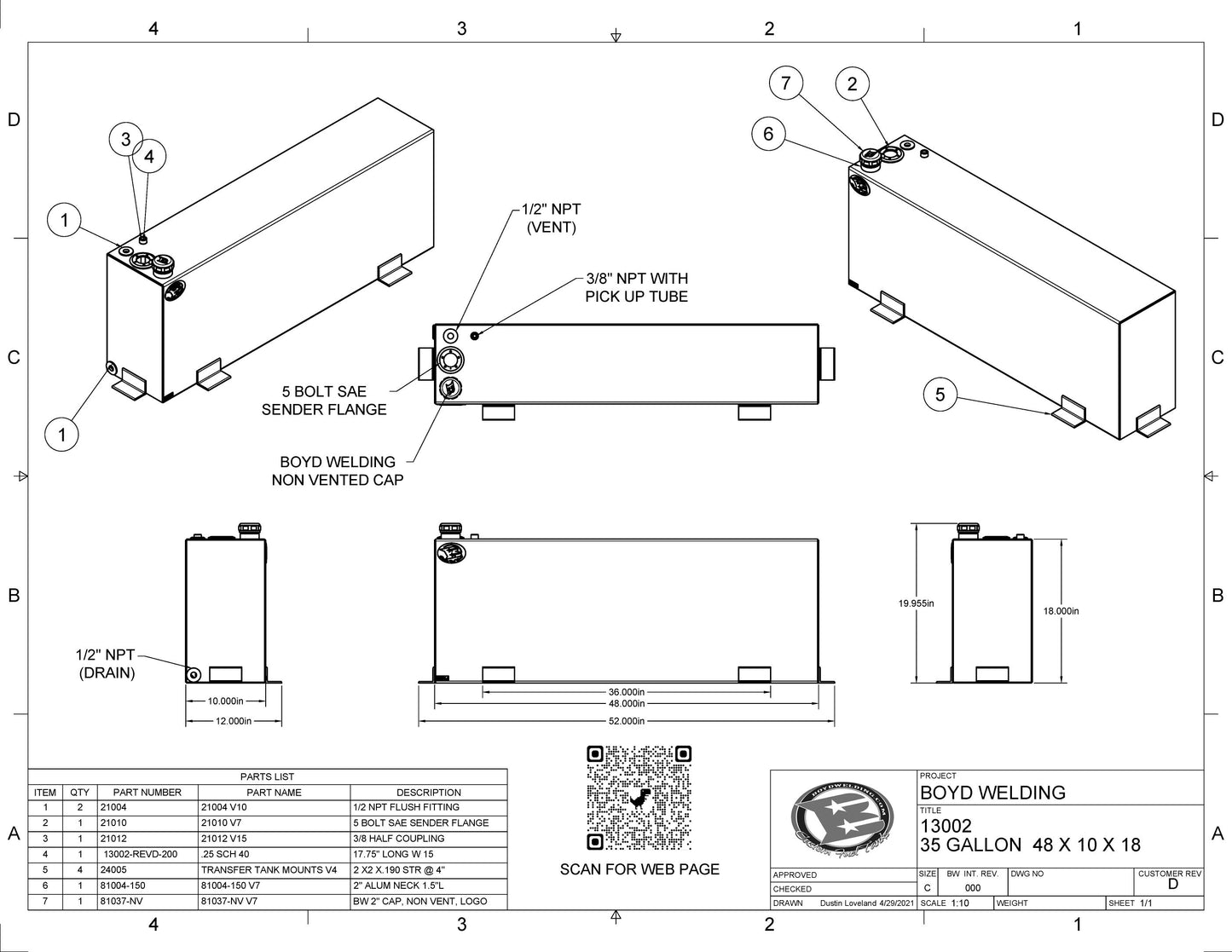 35 Gallon 48x10x18 Aluminum Tank