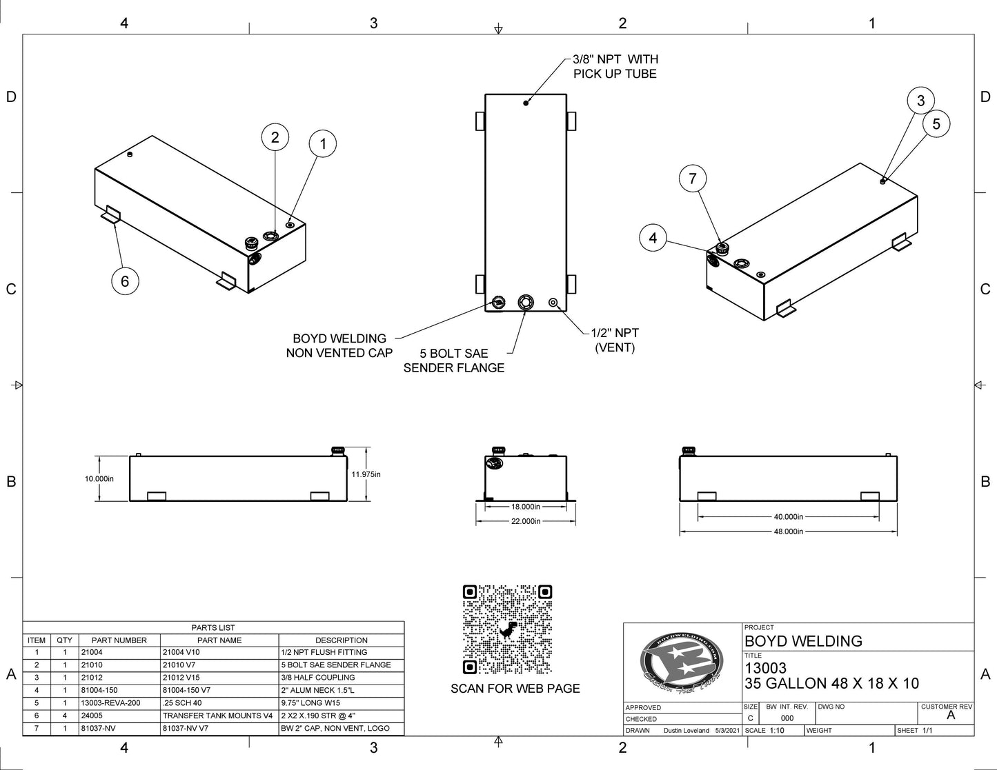 35 Gallon 48x18x10 Aluminum Tank