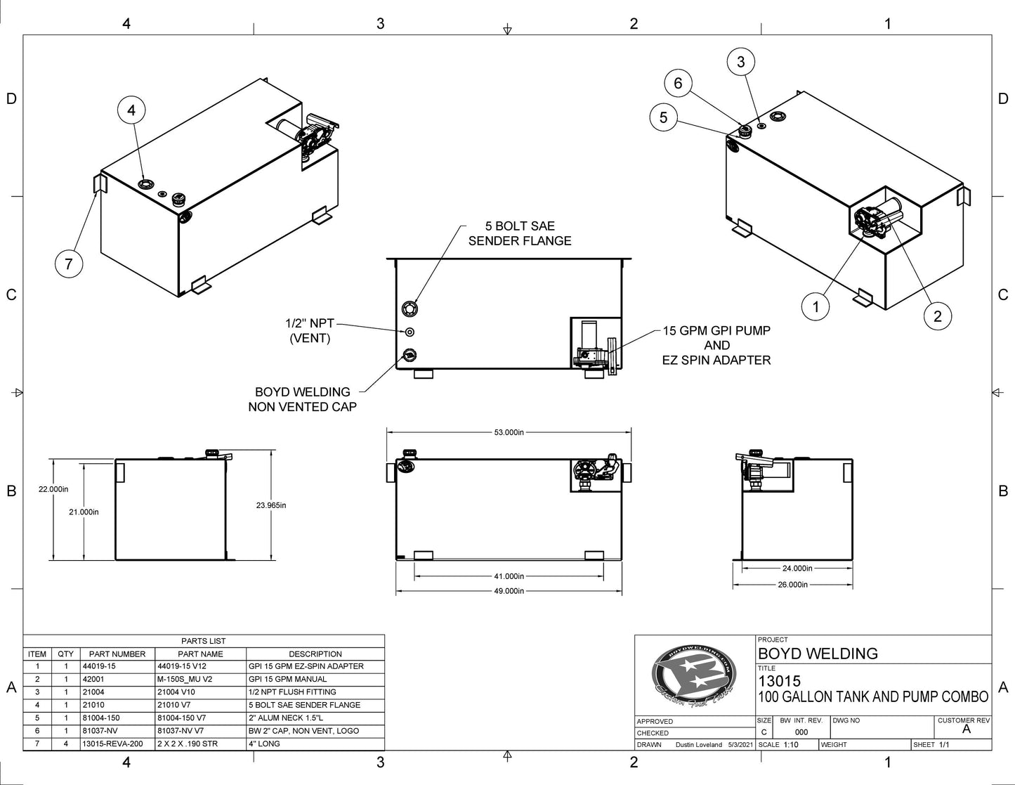 100 Gallon 49 x 24 x 22 Tank W GPI 15GPM Pump Included