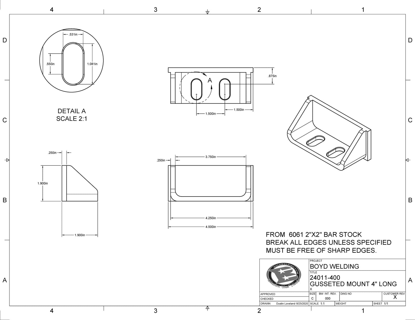 Billet 2x2 4inch long Mounting Tabs 4Pack