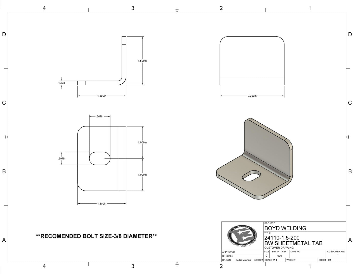 Aluminum 1.5 x 1.5 x 2" Long Sheet Metal Mounting Tabs