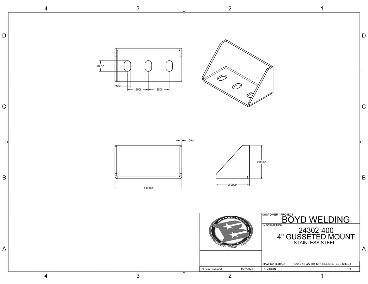 Stainless Steel 2x2x4" Long Sheet Metal Gusseted Mounting Tabs