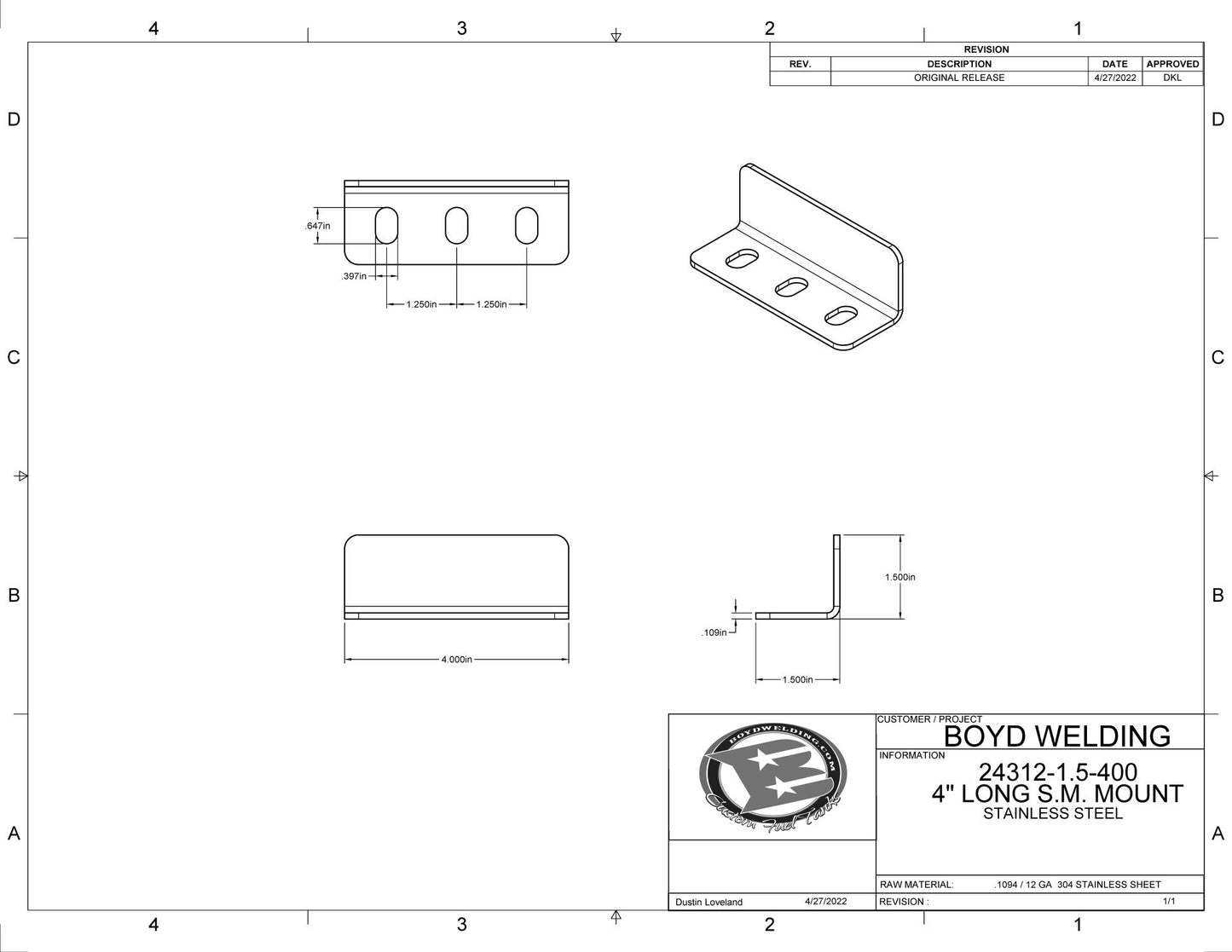 Stainless Steel 1.5 x 1.5 x 4" Long Sheet Metal Mounting Tabs