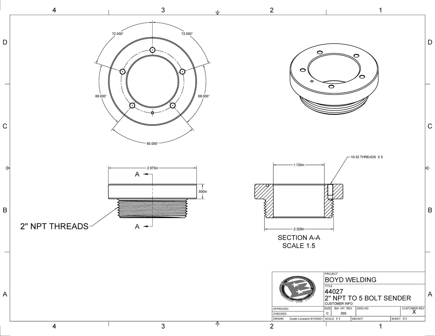 5 Bolt Sending Unit to 2" NPT Adapter