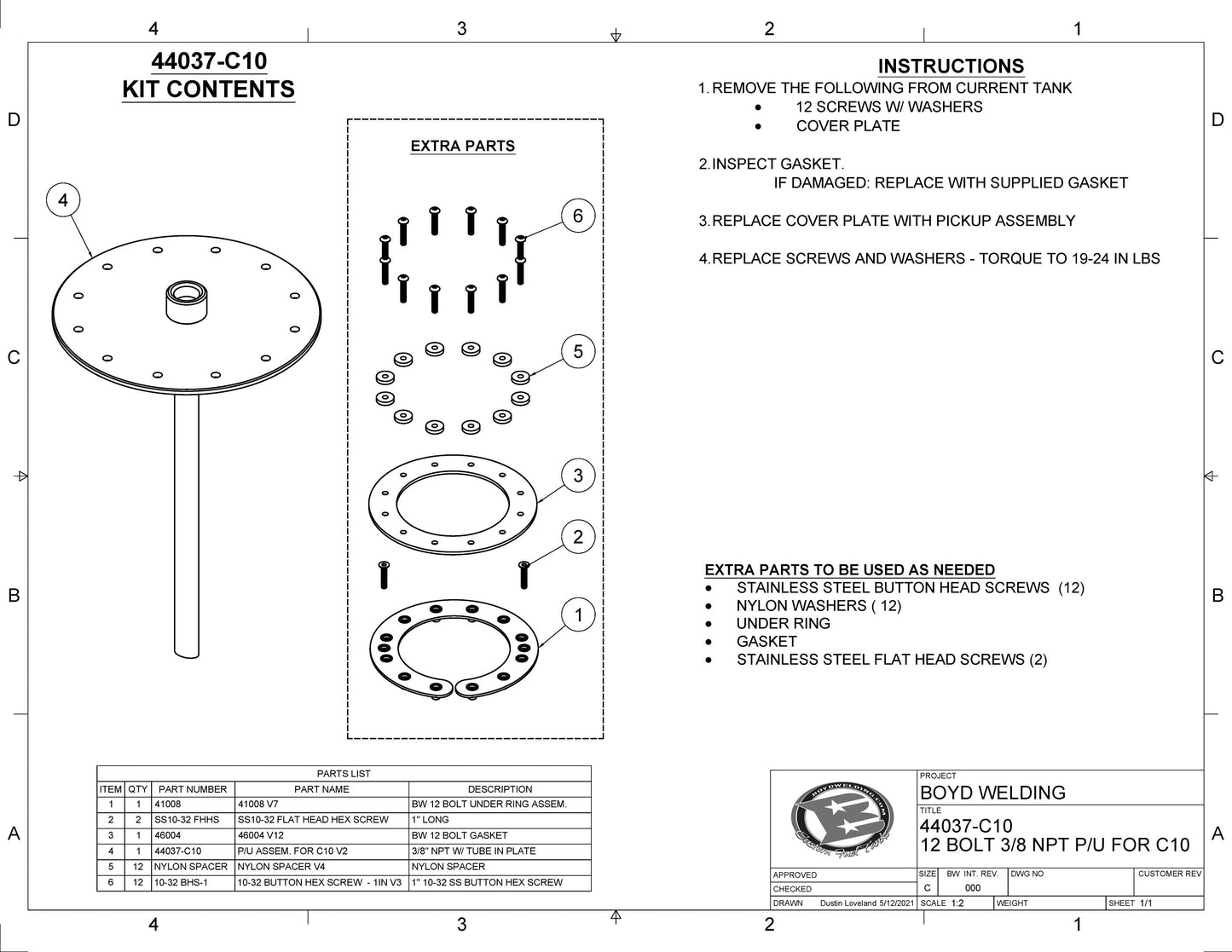 Boyd 12Bolt 3/8" NPT Pickup Tube Plate Assembly for Boyd C10/F100 Tanks