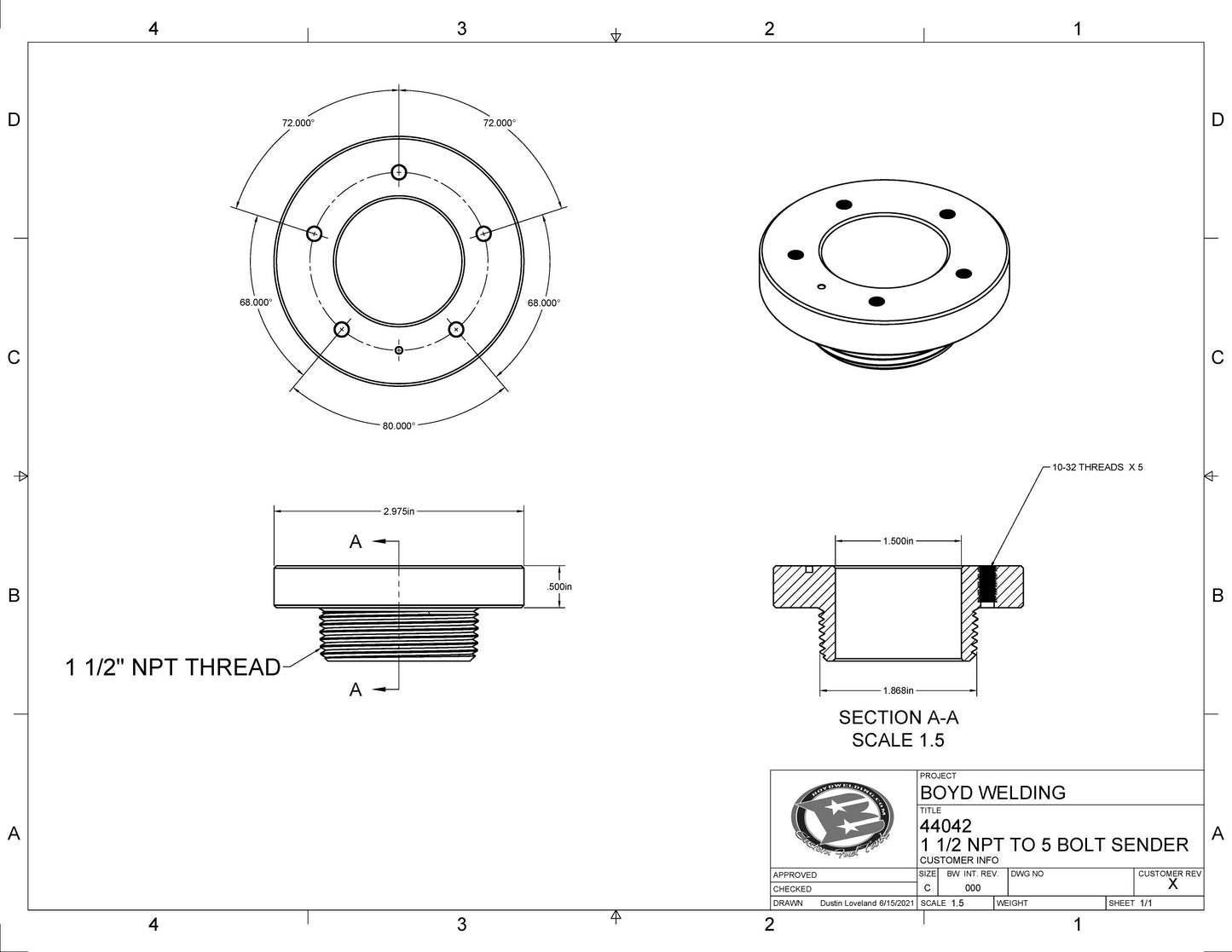 5 Bolt Sending Unit to 1.50" NPT Adapter