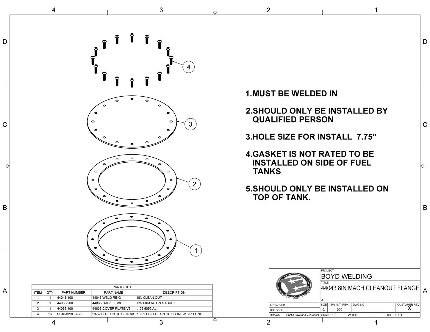 8" OD X 6" ID CNC Machined Aluminum Weld-In Tank Clean Out Flange