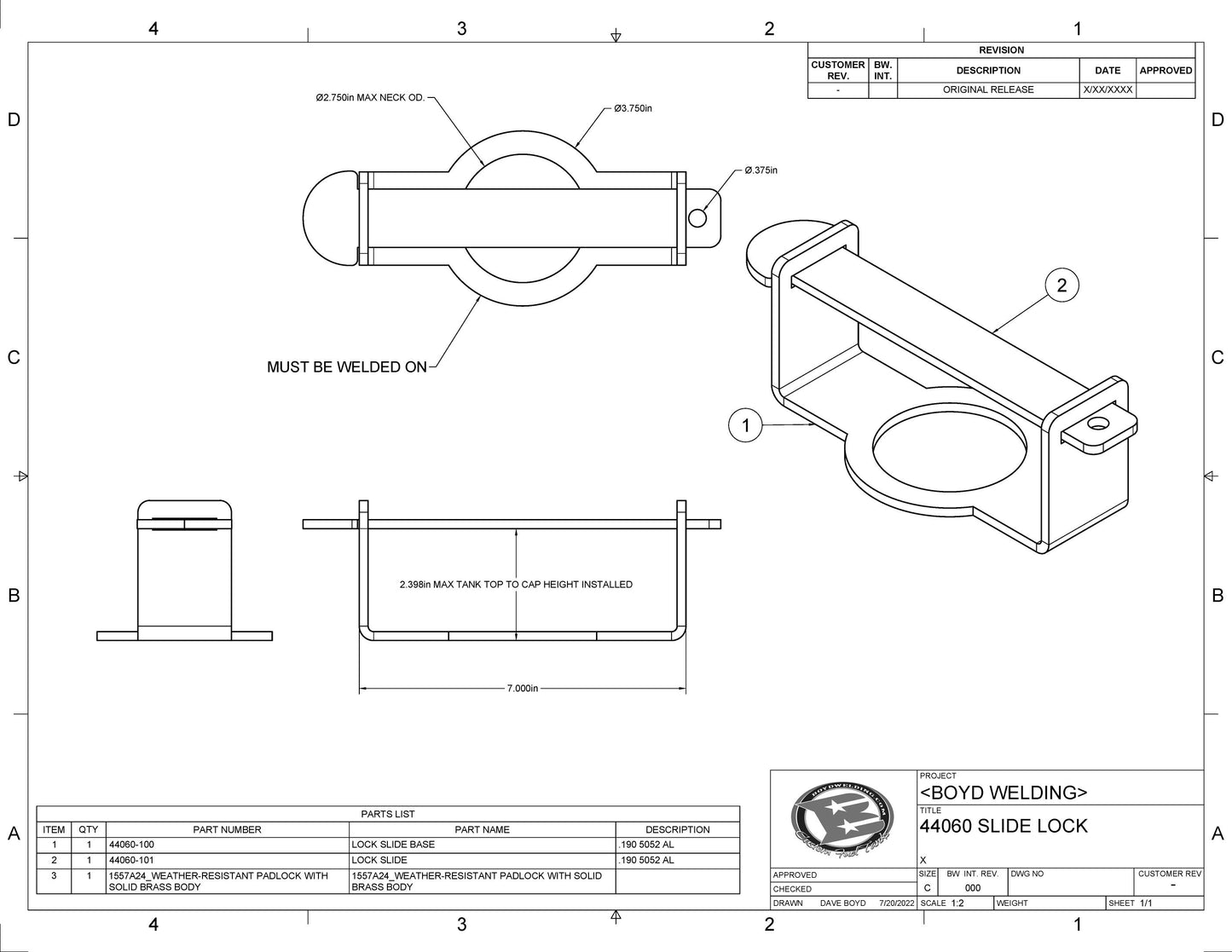 Aluminum Weld On Slide Lock #44060