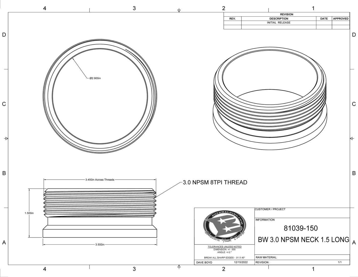 Boyd 3.0" NPSM Loose Aluminum Weld-in Neck