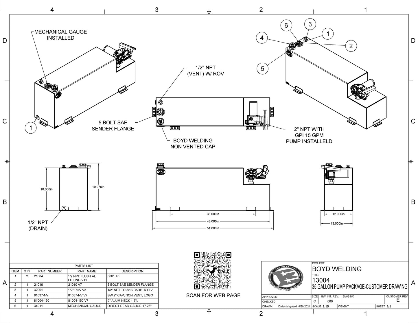 35 Gallon 48x12x18 Aluminum Tank W Pump