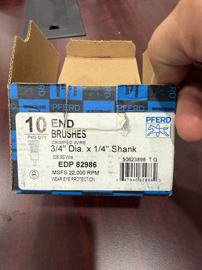 PFERD EDP 82986 end brush box label, 3/4 inch dia. x 1/4 inch shank, .006 SS wire