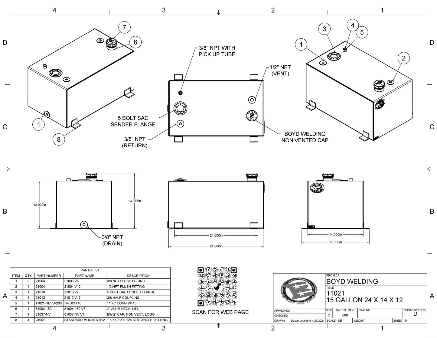 15 Gallon 24x14x12 Aluminum Tank