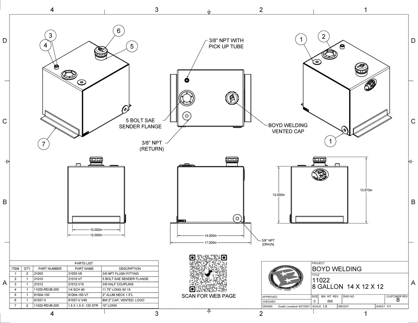 8 Gallon 14x12x12 Aluminum Tank