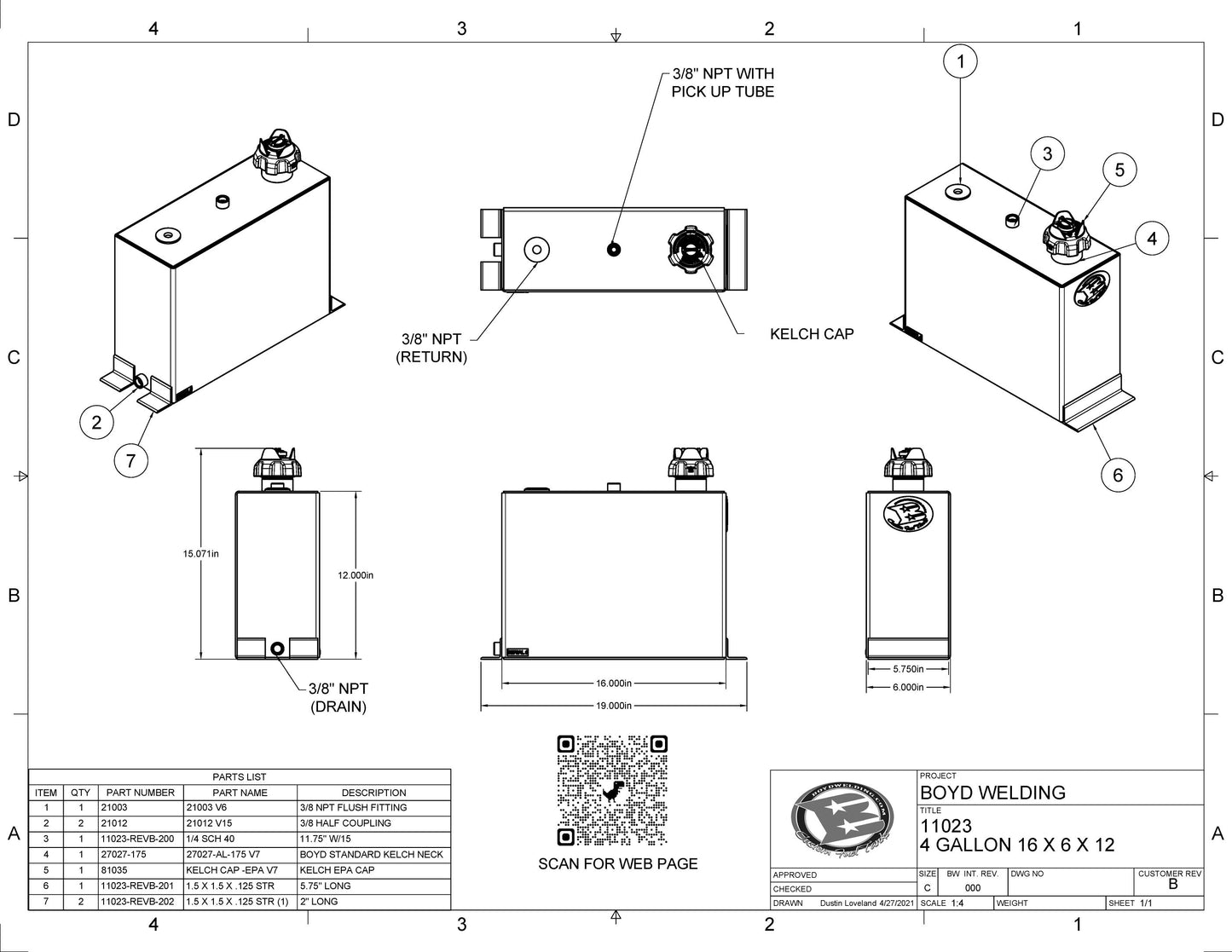 4 Gallon 16x6x12 Aluminum Tank