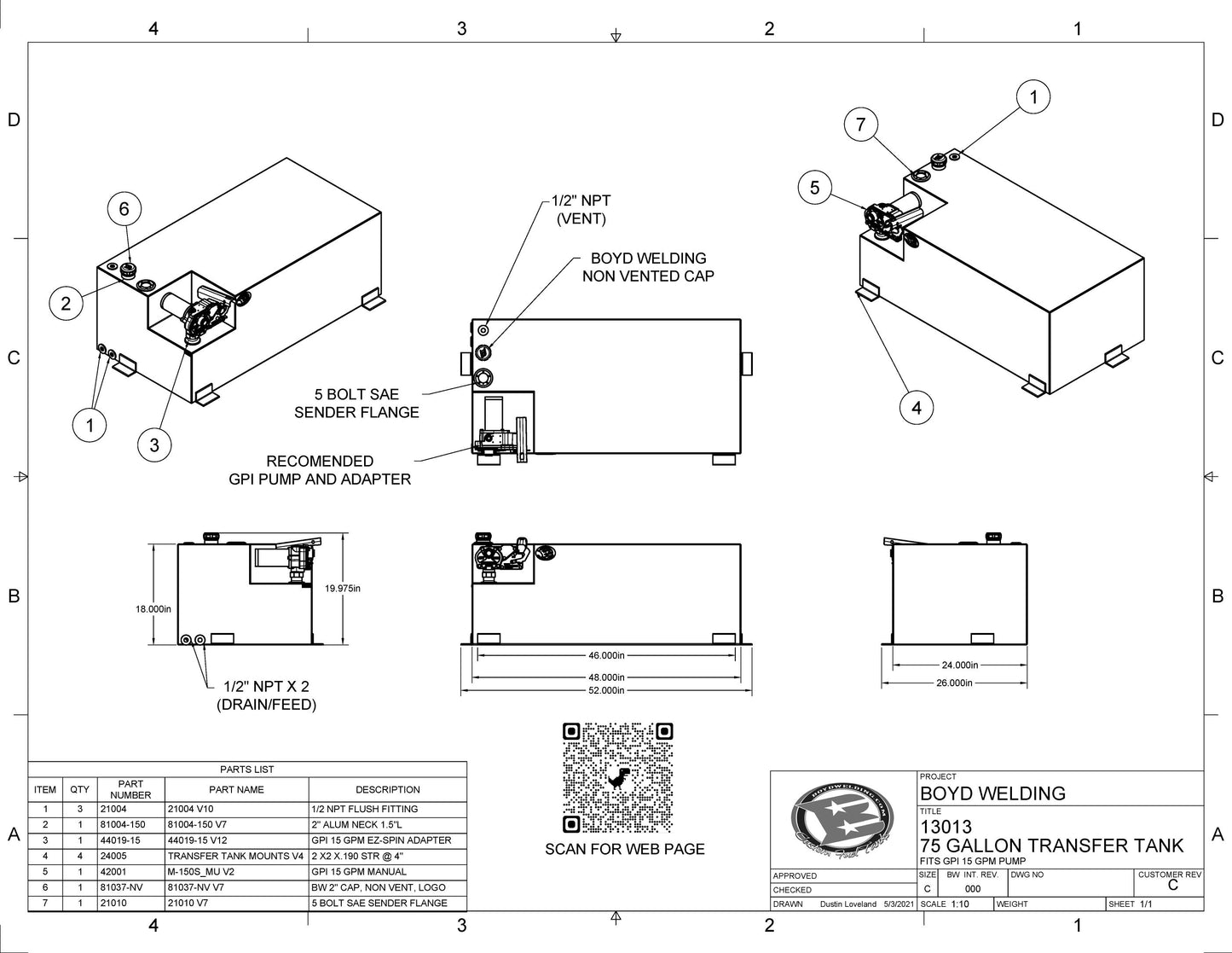 75 Gallon 48x24x18 Aluminum Tank W GPI 15GPM Pump Included