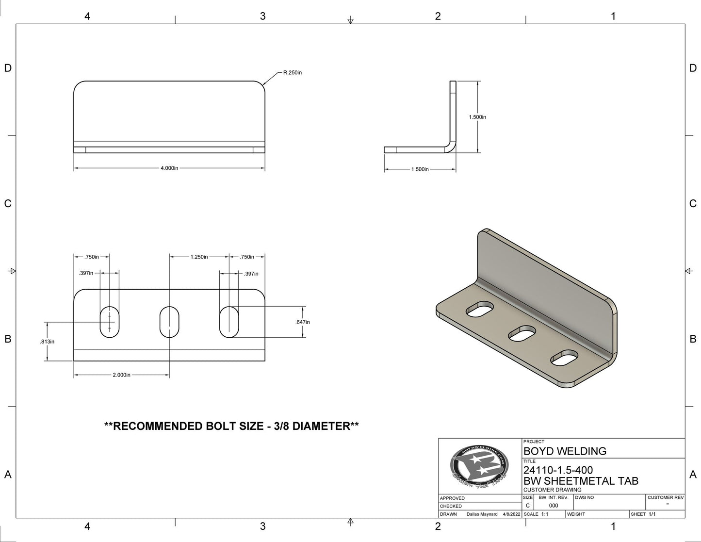 Aluminum 1.5 x 1.5 x 4" Long Sheet Metal Mounting Tabs