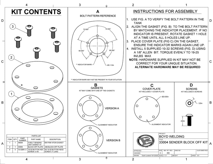 Sending Unit Block Off Plate Kit Boyd Welding LLC