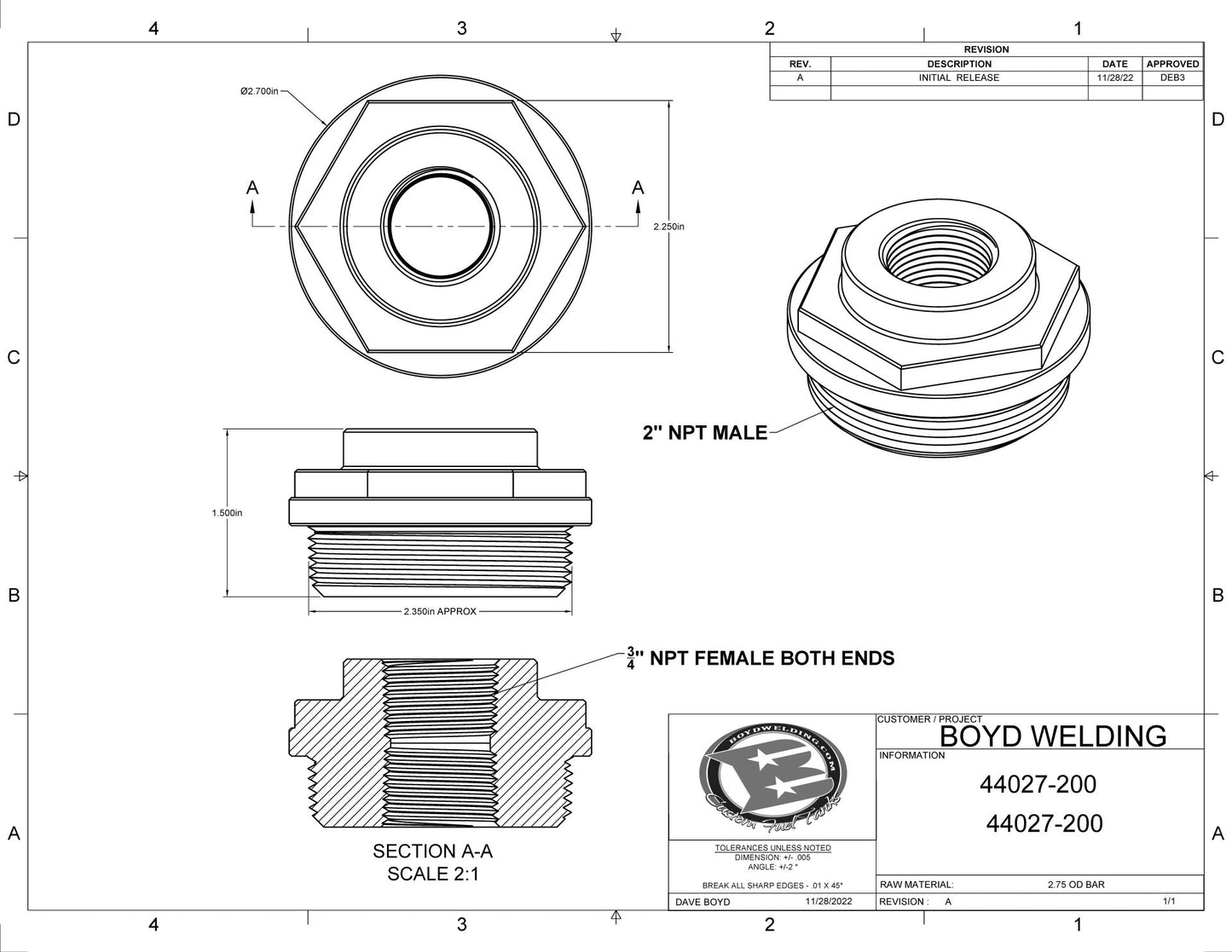 2" NPT Male to 3/4" NPT Female Full Coupling