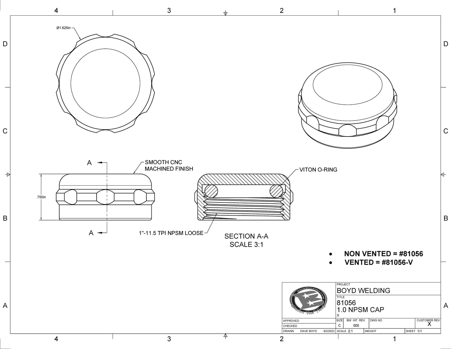 Boyd 1" NPSM Loose CNC Machined Aluminum Cap